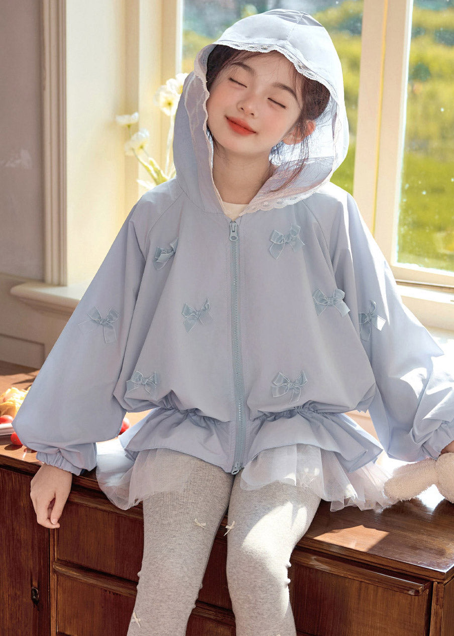 Casual Blue Bow Zippered Wrinkled Girls Hooded Coats Spring