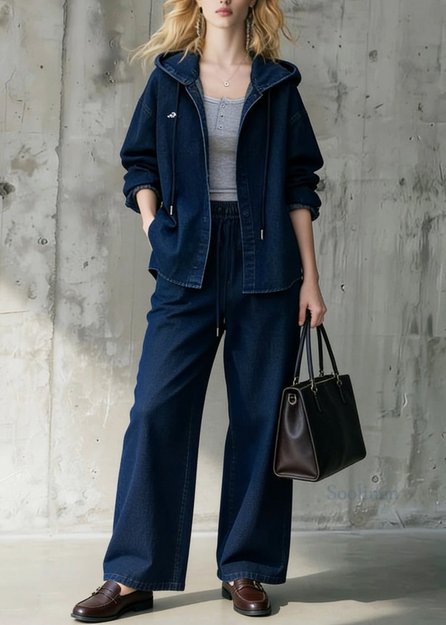 Casual Blue Hooded Coat And Wide Leg Pants Denim Two Pieces Set Spring