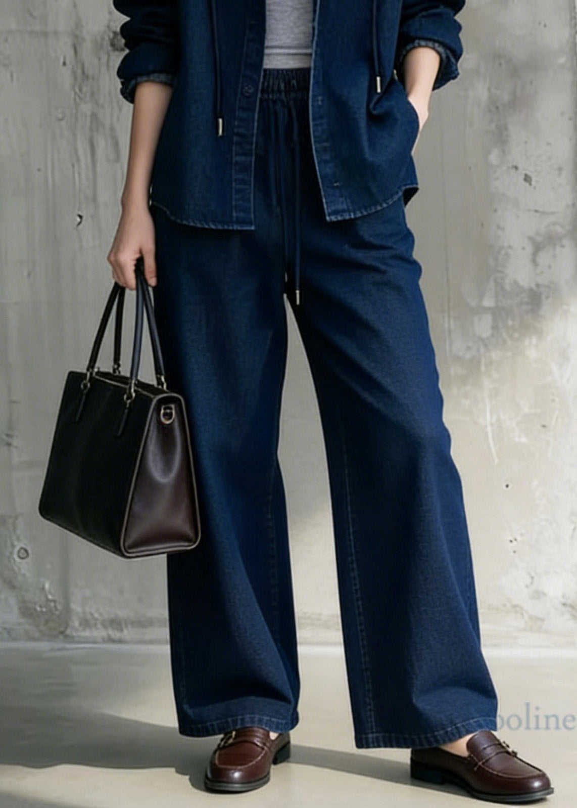 Casual Blue Hooded Coat And Wide Leg Pants Denim Two Pieces Set Spring