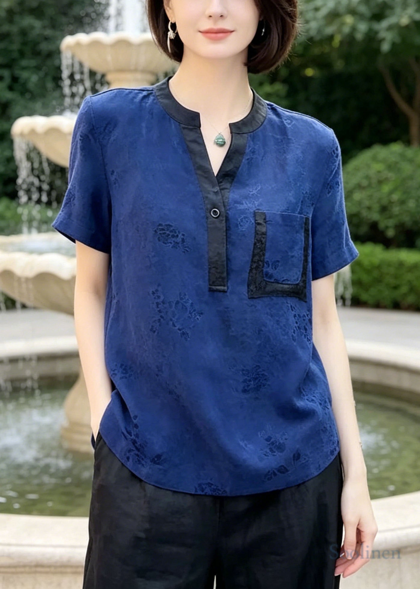 Casual Blue Jacquard Patchwork Pocket Silk Blouses Summer
