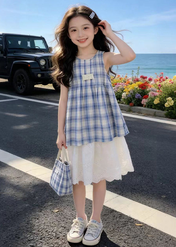 Casual Blue Plaid Patchwork Lace Kids Girls A Line Dress Summer