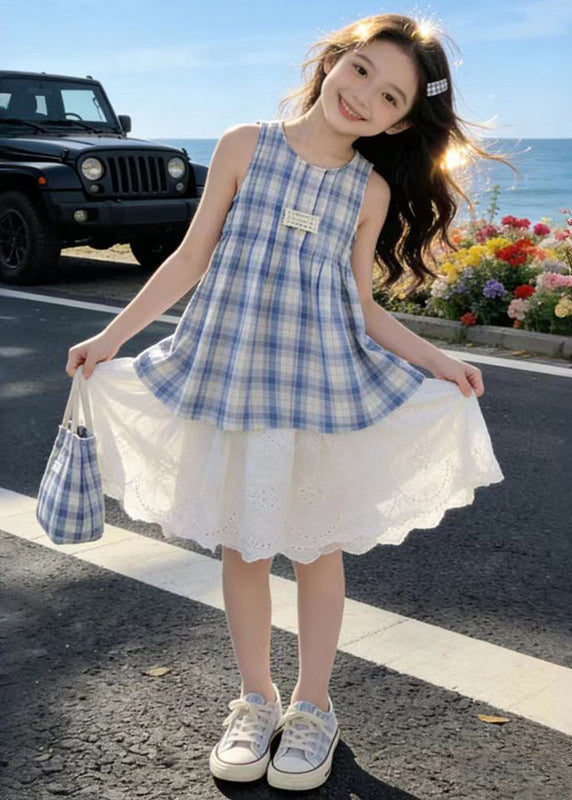 Casual Blue Plaid Patchwork Lace Kids Girls A Line Dress Summer