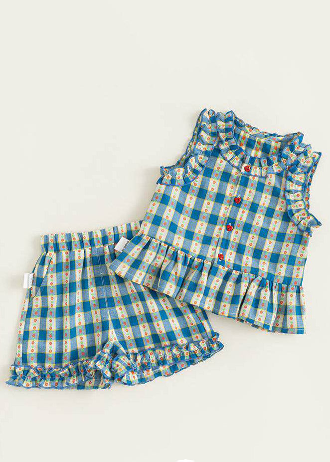Casual Blue Ruffled Print Kids Vest And Shorts Two Pieces Set Sleeveless