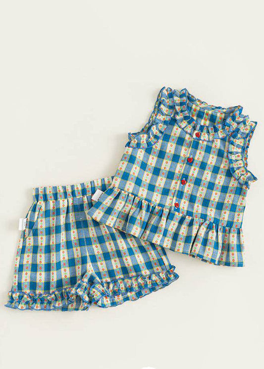 Casual Blue Ruffled Print Kids Vest And Shorts Two Pieces Set Sleeveless