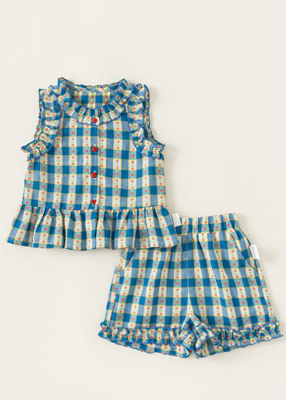 Casual Blue Ruffled Print Kids Vest And Shorts Two Pieces Set Sleeveless