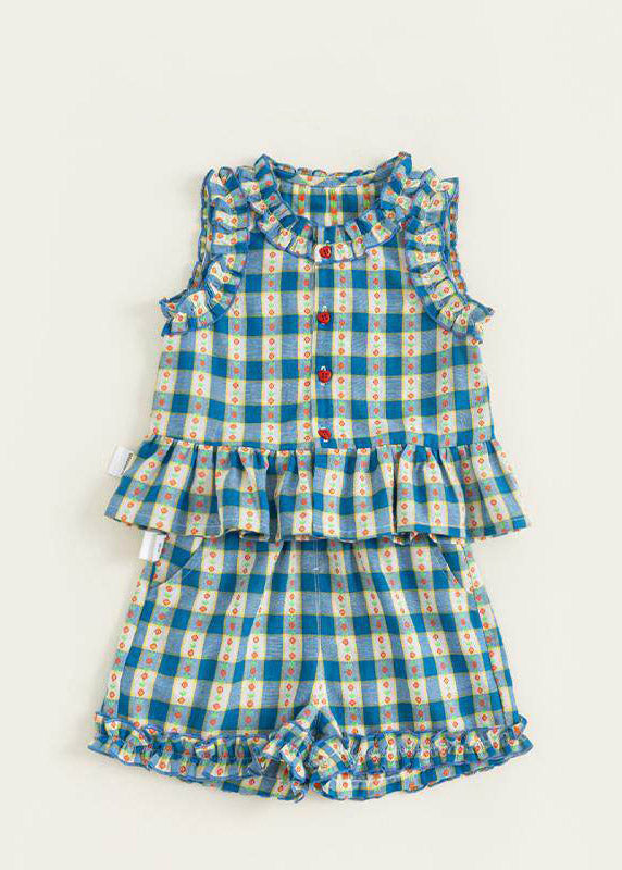 Casual Blue Ruffled Print Kids Vest And Shorts Two Pieces Set Sleeveless