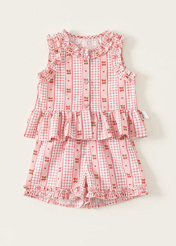 Casual Blue Ruffled Print Kids Vest And Shorts Two Pieces Set Sleeveless