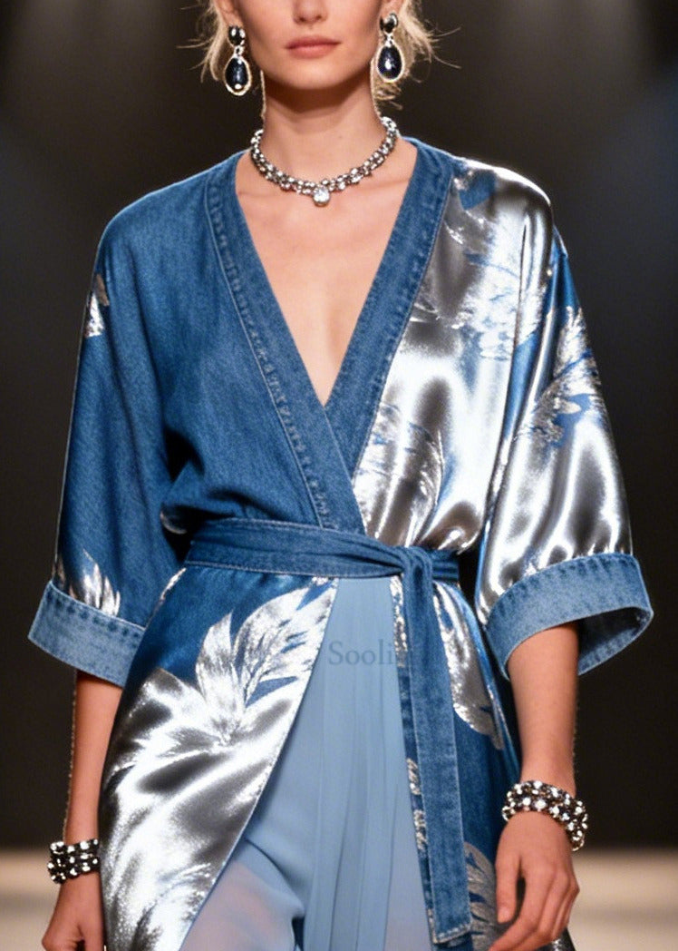 Casual Blue Tie Waist Print Denim Fake Two Piece Dress Summer