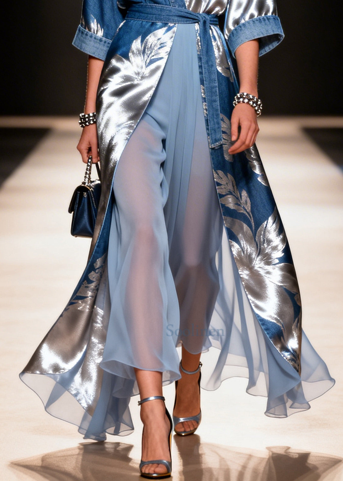 Casual Blue Tie Waist Print Denim Fake Two Piece Dress Summer
