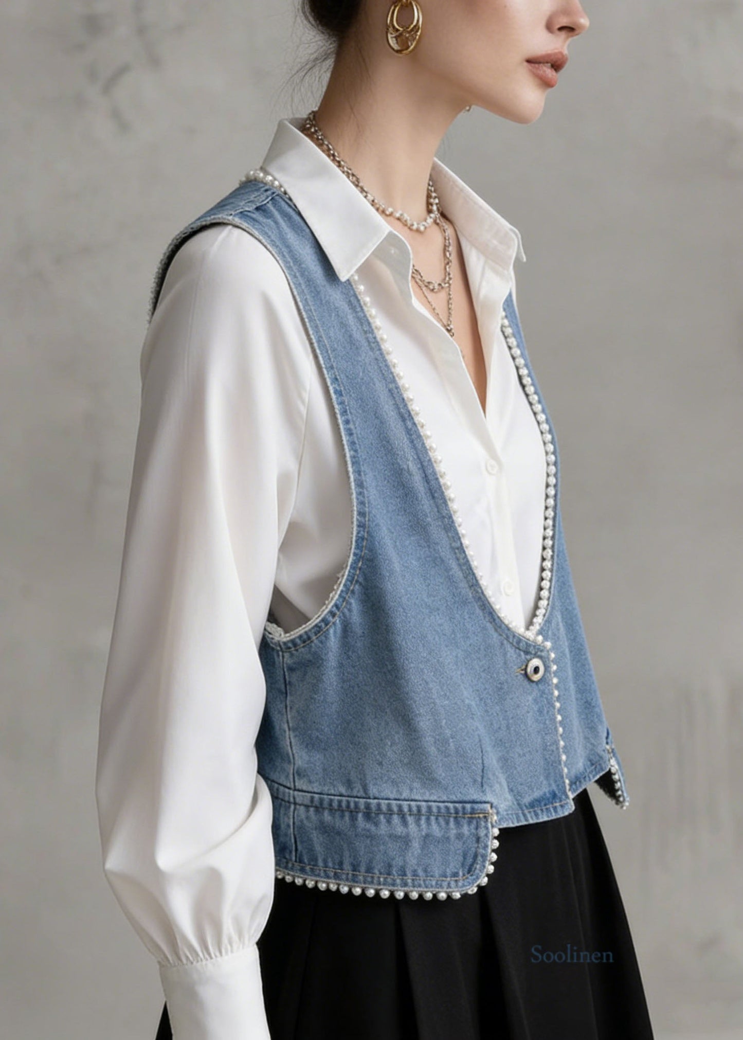 Casual Blue V Neck Pearl Edge Patchwork Denim Vest Sleeveless