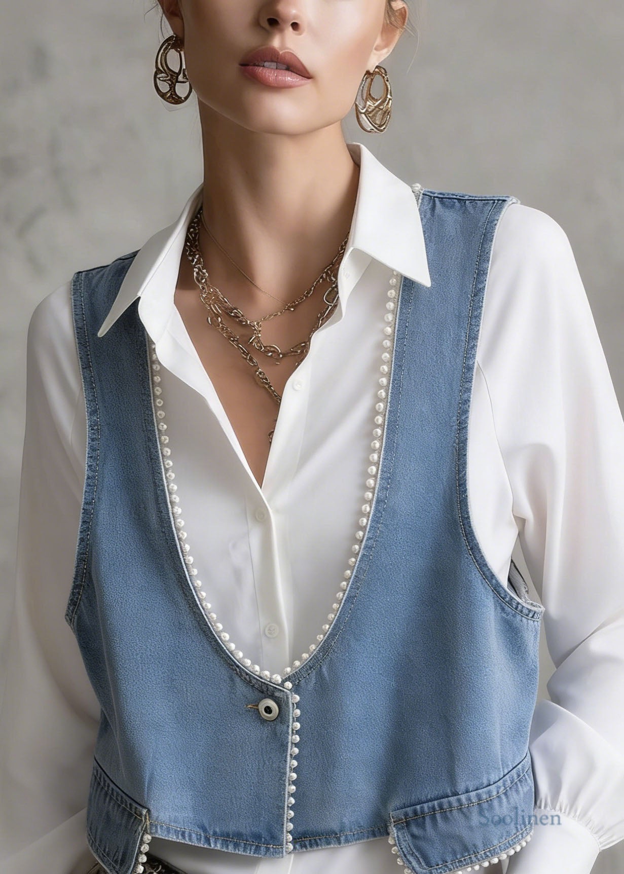 Casual Blue V Neck Pearl Edge Patchwork Denim Vest Sleeveless