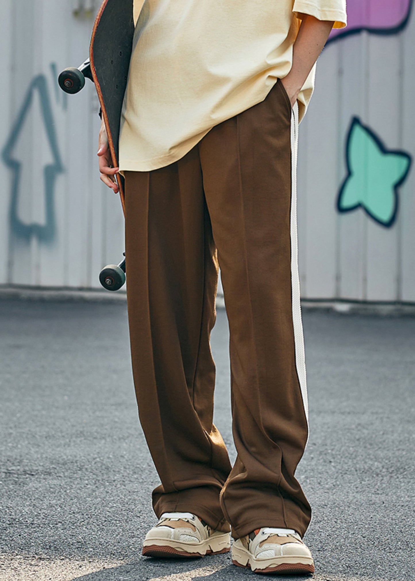 Casual Brown Pockets Striped Cotton Mens Pants Summer