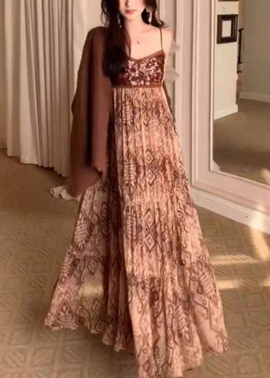 Casual Brown V Neck Knit Cardigans And Long Spaghetti Strap Dress Two Piece Set Spring