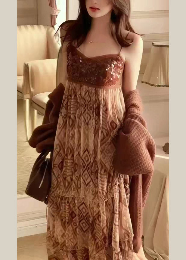 Casual Brown V Neck Knit Cardigans And Long Spaghetti Strap Dress Two Piece Set Spring