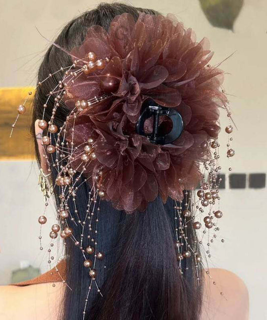 Casual Coffee Alloy Tulle Pearl Feather Tassel Hairpin