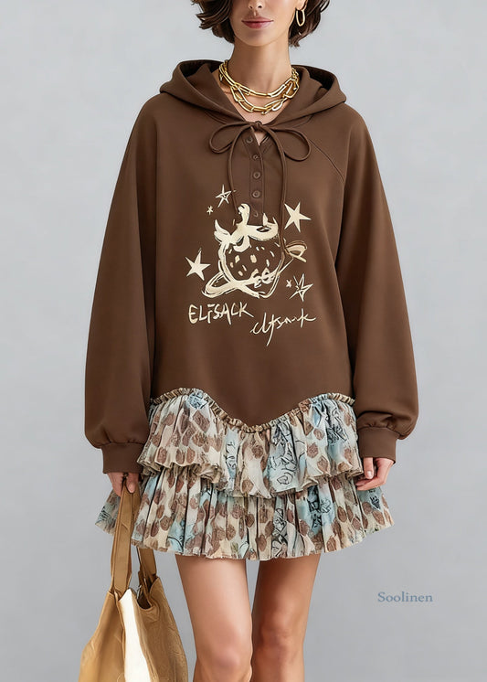 Casual Coffee Hooded Print Tulle Patchwork Sweatshirt Dresses Spring