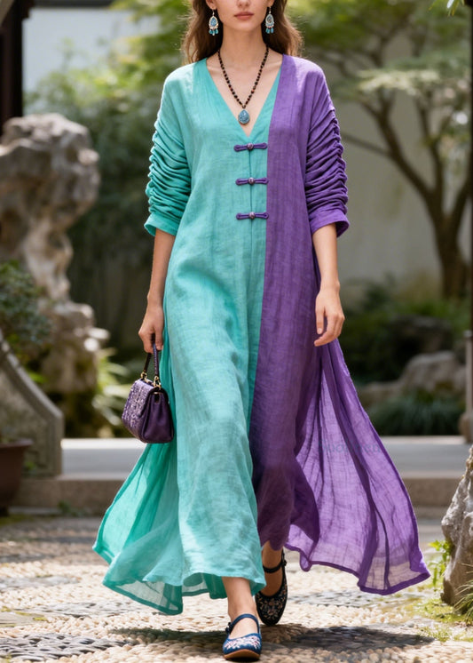 Casual Colorblock V Neck Patchwork Cotton Dresses Summer