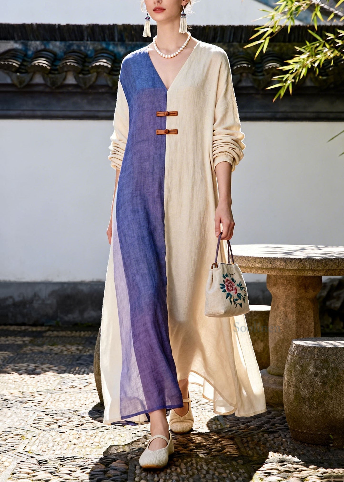 Casual Colorblock V Neck Patchwork Cotton Long Dress