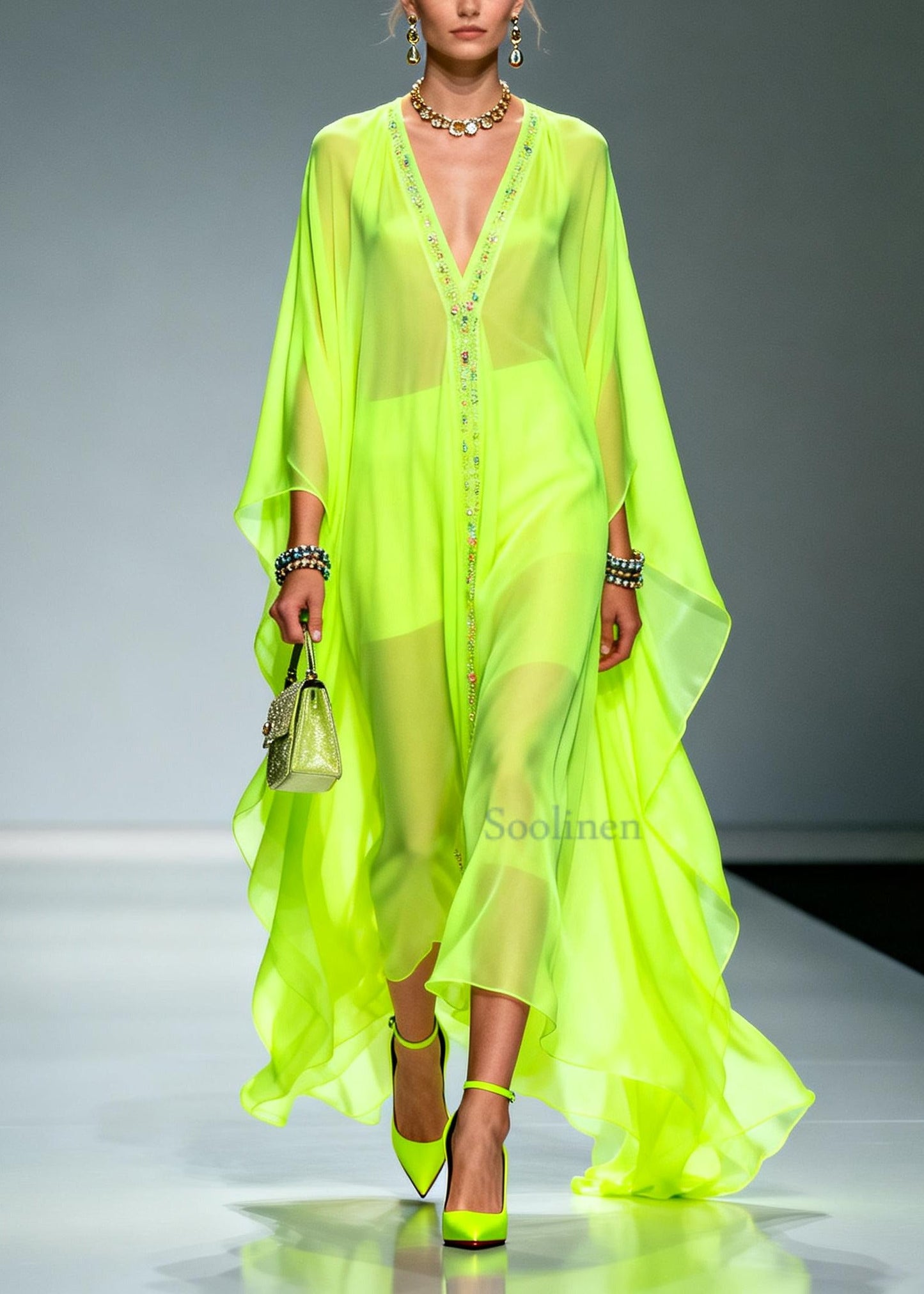 Casual Fluorescent Green Oversized Zircon Chiffon Long Dress Summer