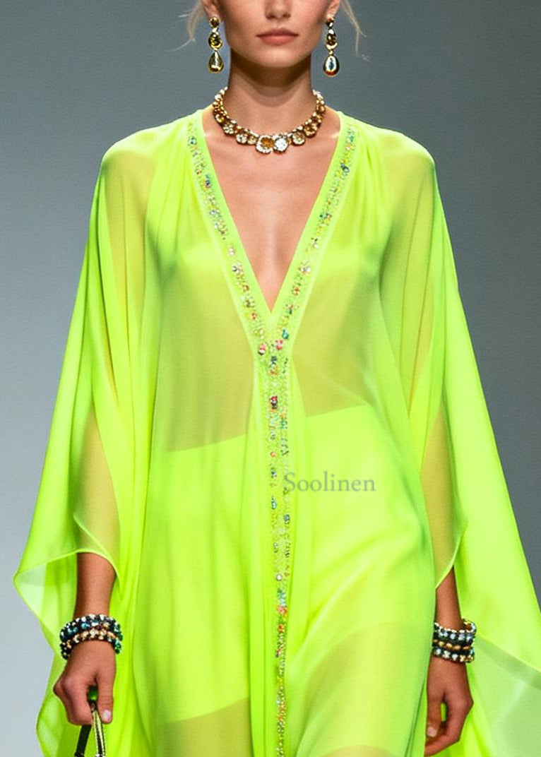 Casual Fluorescent Green Oversized Zircon Chiffon Long Dress Summer