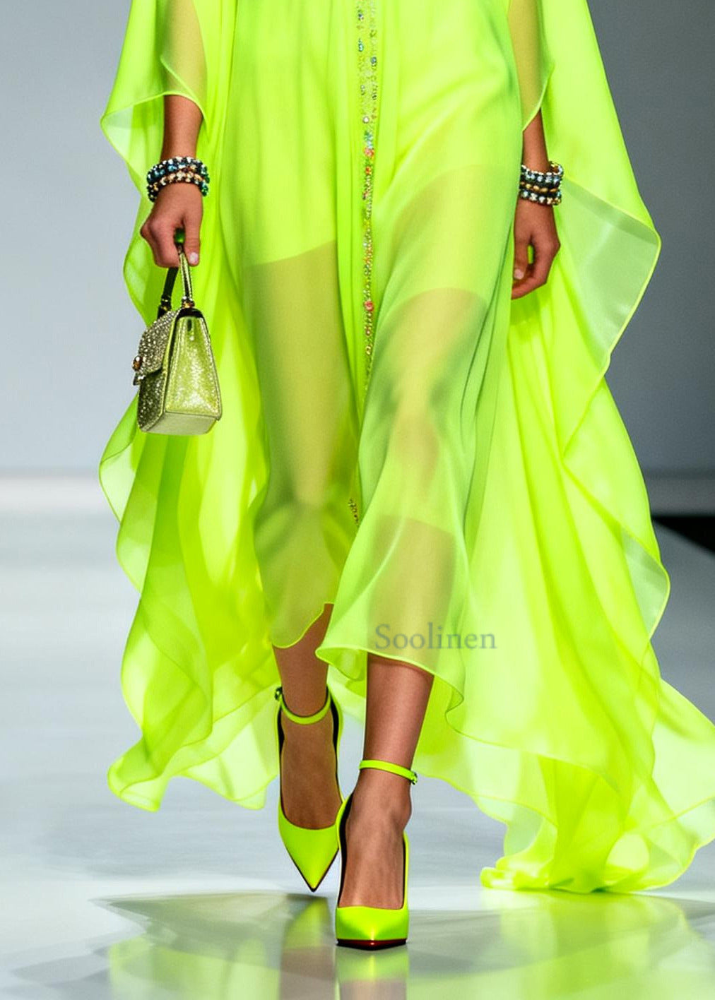 Casual Fluorescent Green Oversized Zircon Chiffon Long Dress Summer