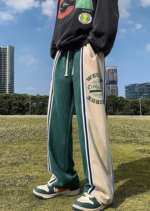Casual Green Letter Elastic Waist Patchwork Cotton Men Pants Spring