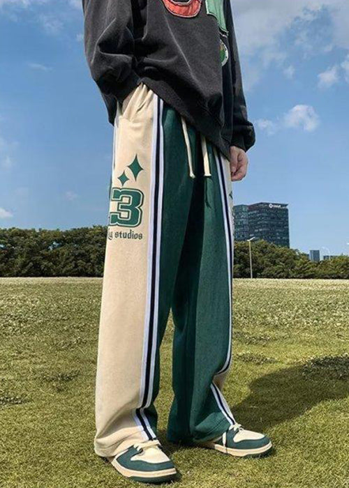 Casual Green Letter Elastic Waist Patchwork Cotton Men Pants Spring