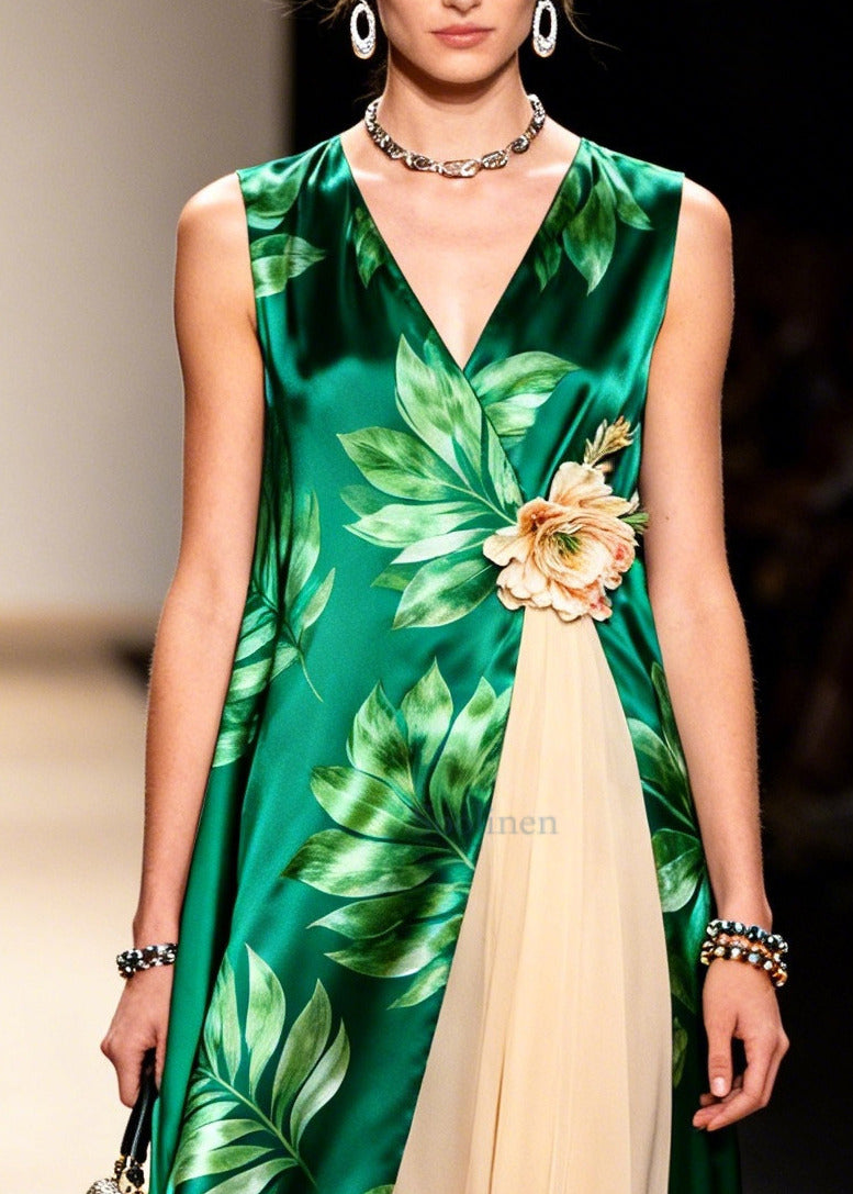 Casual Green Print Handmade Flower Chiffon Long Dress Sleeveless