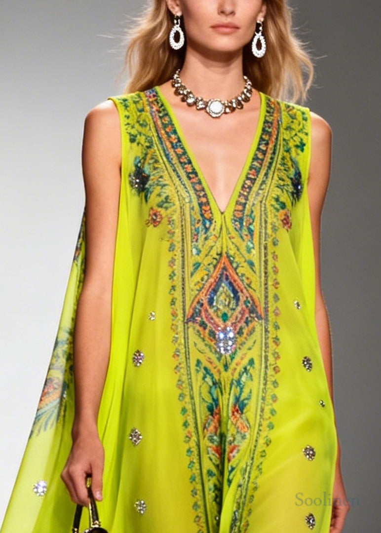 Casual Green Print Sparkly Draping Chiffon Holiday Dresses Summer