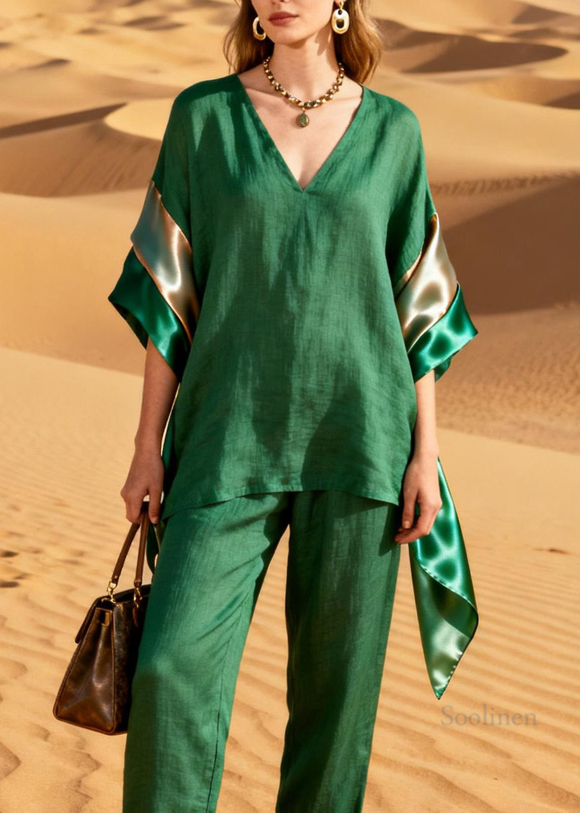 Casual Green Top And Pants Patchwork Linen Silk Two Pieces Set Summer