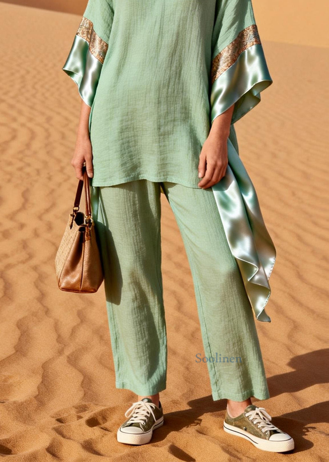 Casual Green V Neck Patchwork Linen Silk Two Pieces Set Summer