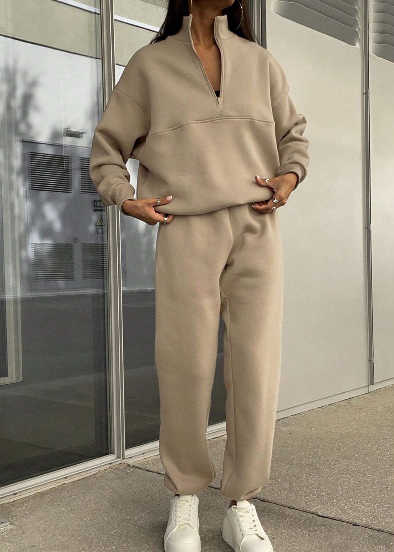 Casual Grey Zip Up Cotton Women Sets 2 Pieces Spring