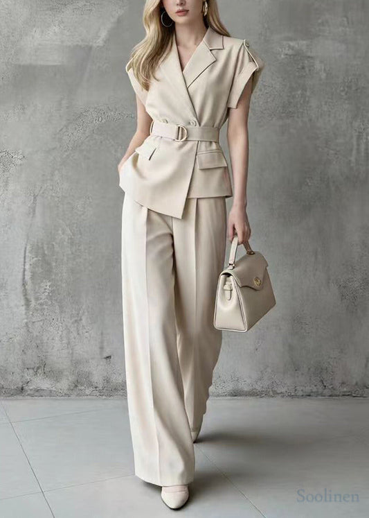 Casual Khaki Double Breast Tie Waist Spandex Two Pieces Set Sleeveless
