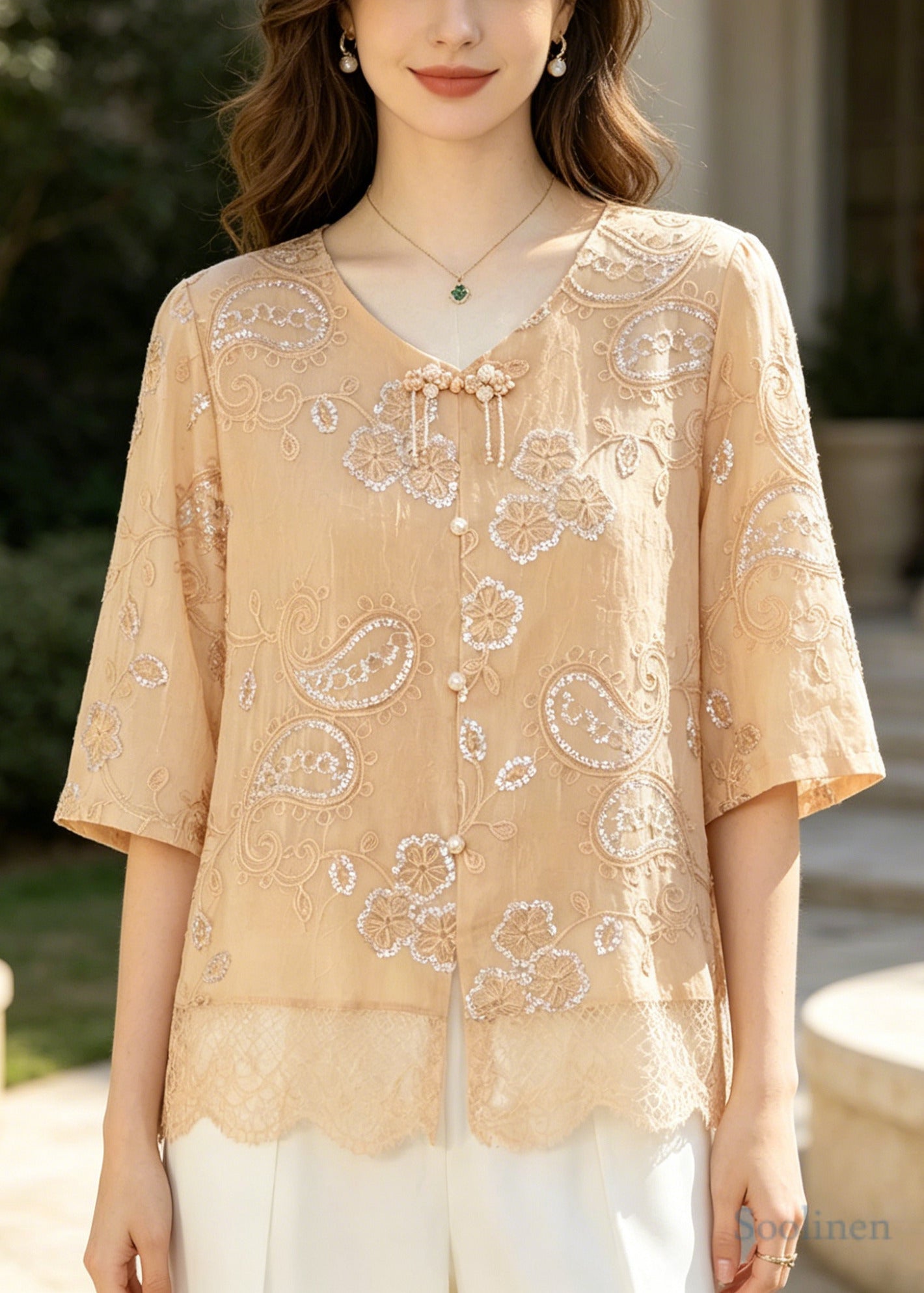 Casual Khaki Embroidered Patchwork Lace Tops Summer