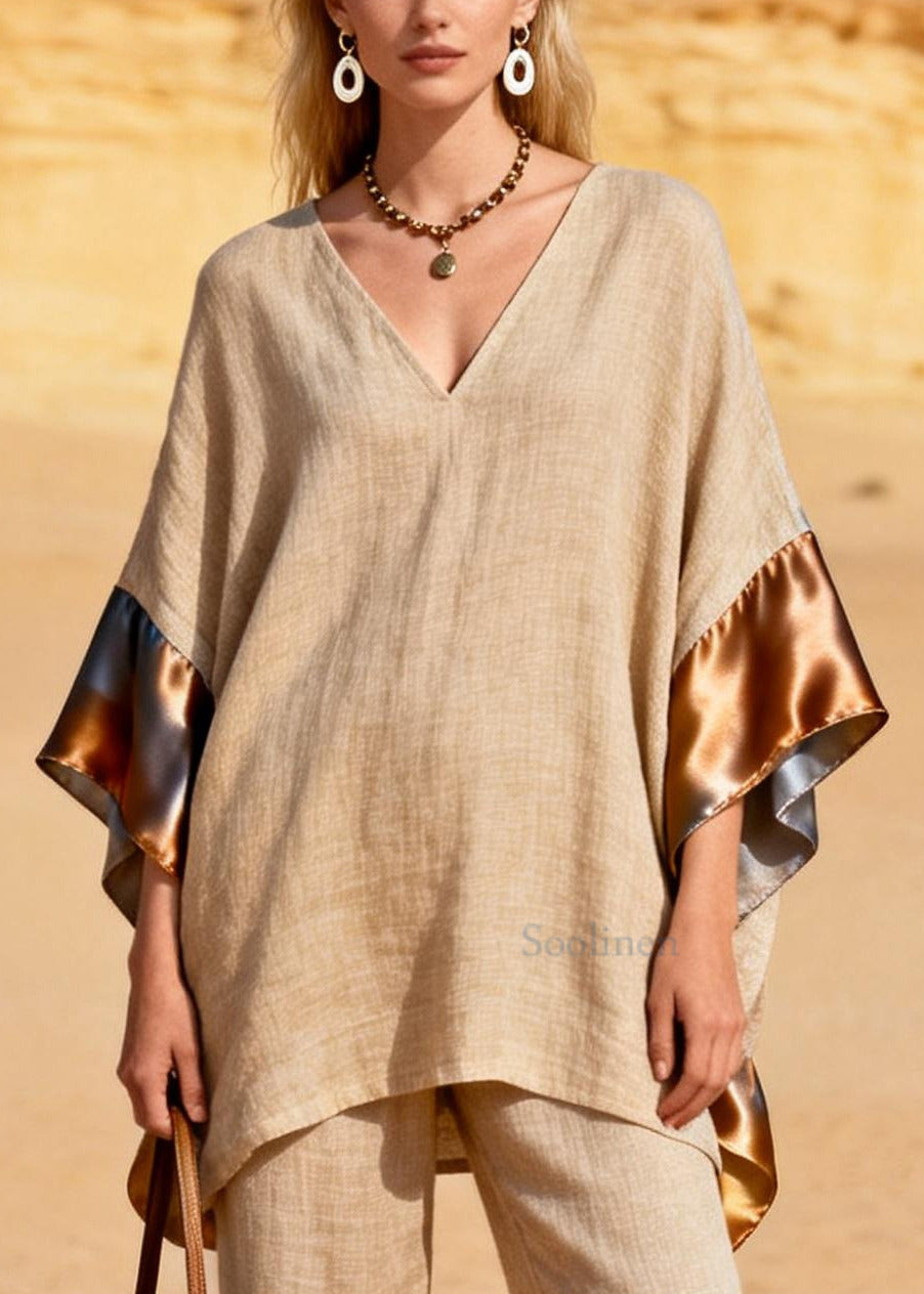 Casual Khaki Oversized Patchwork Silk Linen Two Pieces Set Summer