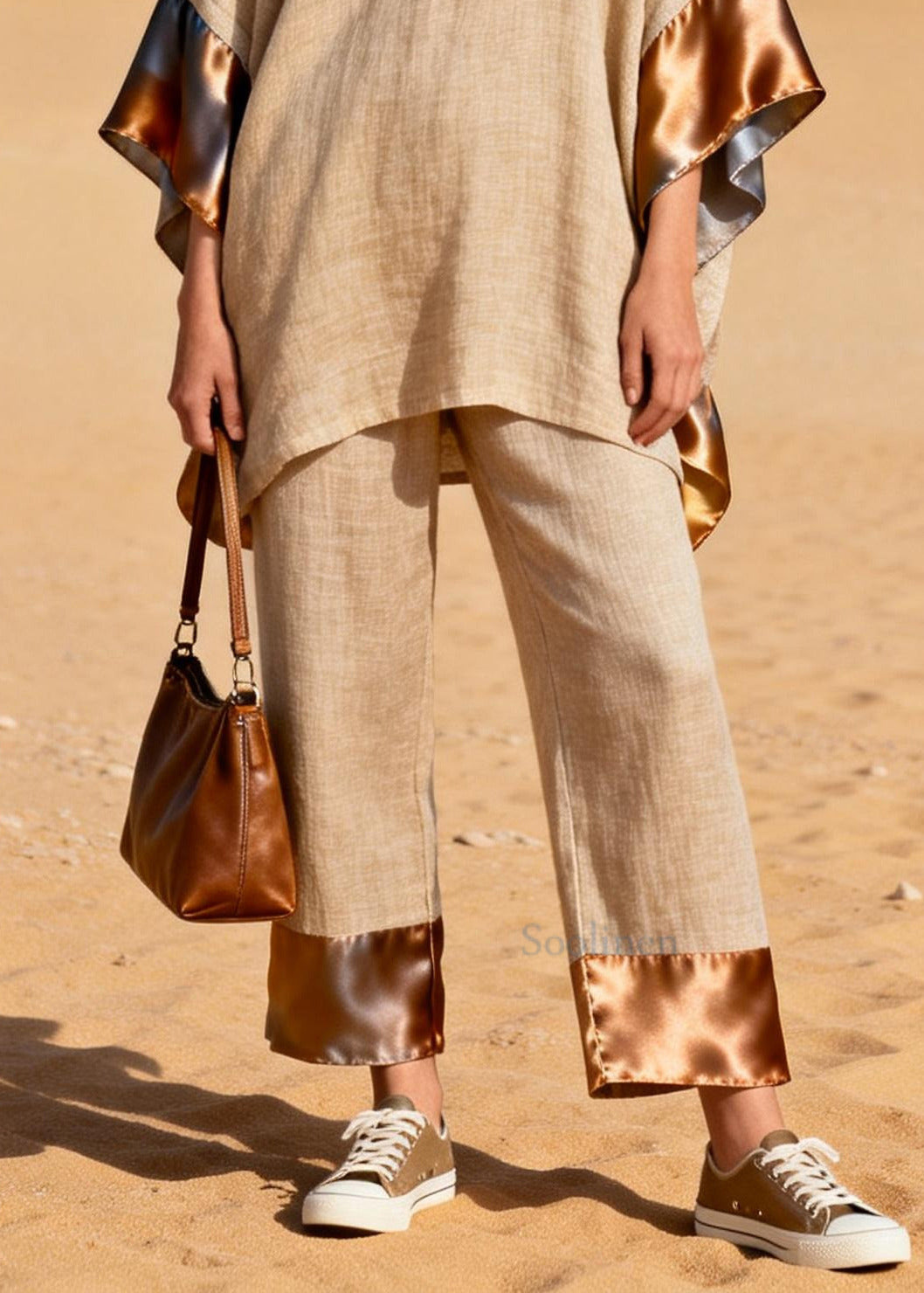 Casual Khaki Oversized Patchwork Silk Linen Two Pieces Set Summer