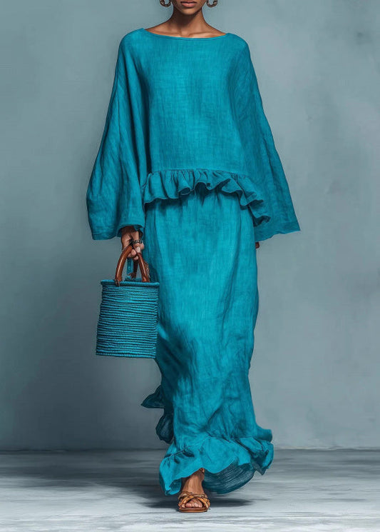 Casual Loose Blue Ruffled Patchwork Cotton Two Piece Set Long Sleeve