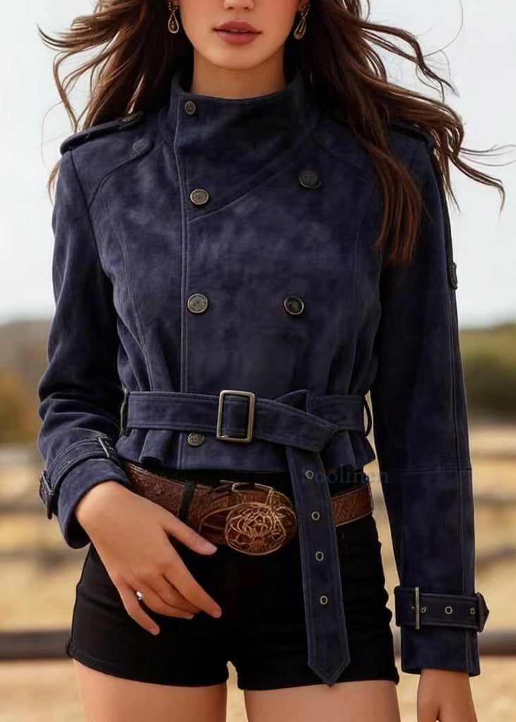 Casual Navy Double Breast Faux Suede Tunic Coats Spring