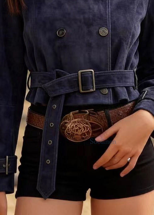 Casual Navy Double Breast Faux Suede Tunic Coats Spring