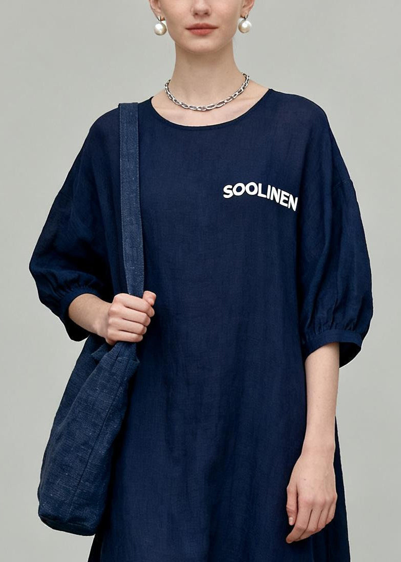 Casual Navy O-Neck Oversized Cotton Vacation Dresses Summer