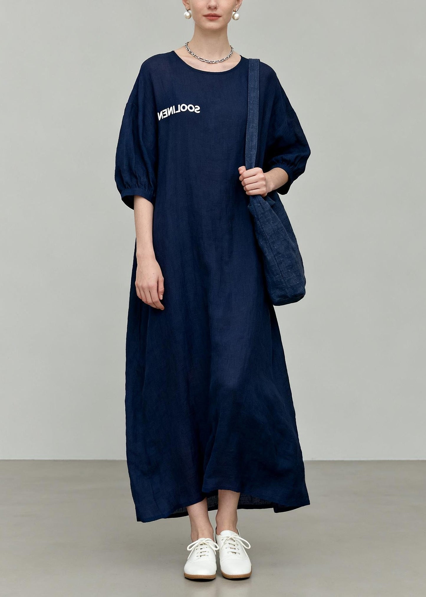 Casual Navy O-Neck Oversized Cotton Vacation Dresses Summer