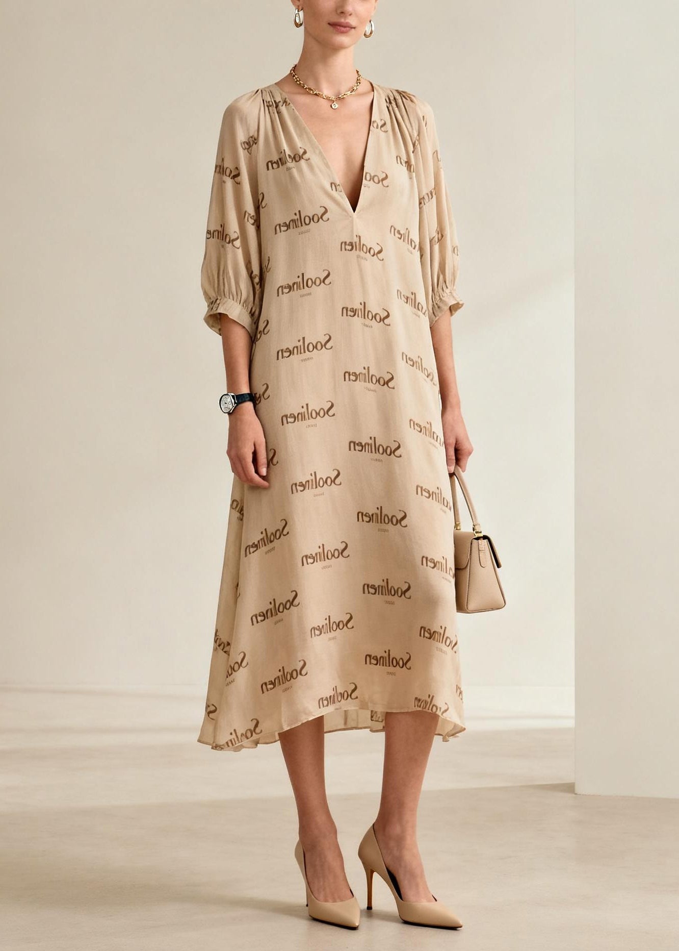 Casual Nude V Neck Print Cotton Long Dresses Summer