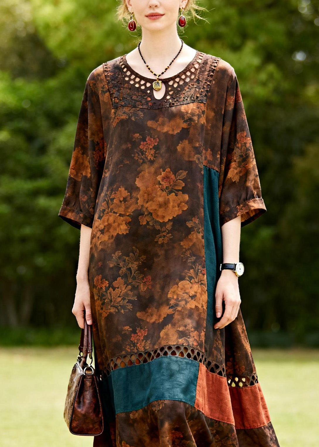 Casual O Neck Hollow Out Print Patchwork Cotton Dresses Summer
