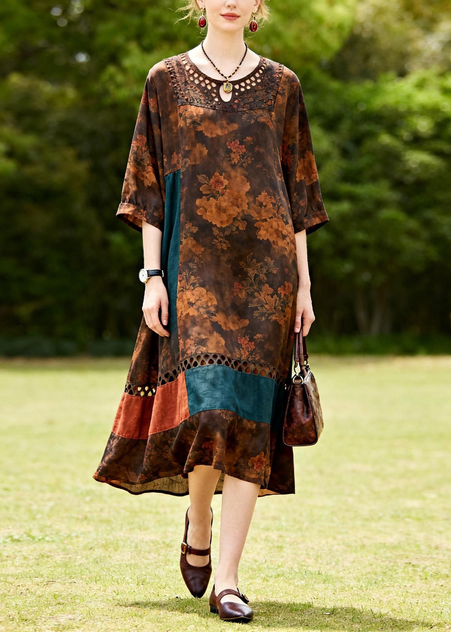 Casual O Neck Hollow Out Print Patchwork Cotton Dresses Summer
