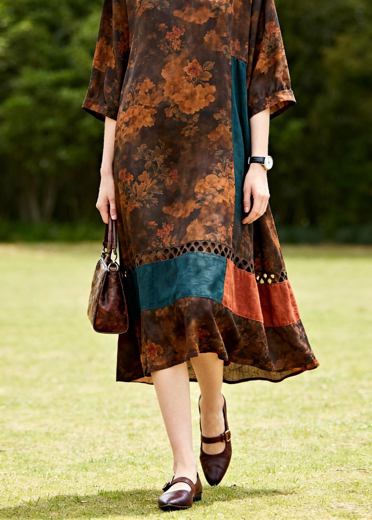 Casual O Neck Hollow Out Print Patchwork Cotton Dresses Summer