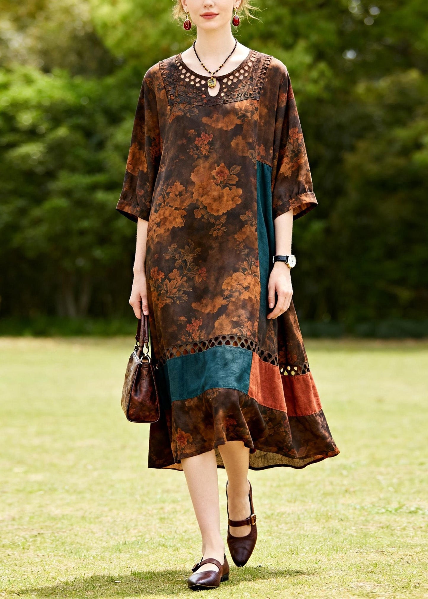 Casual O Neck Hollow Out Print Patchwork Cotton Dresses Summer