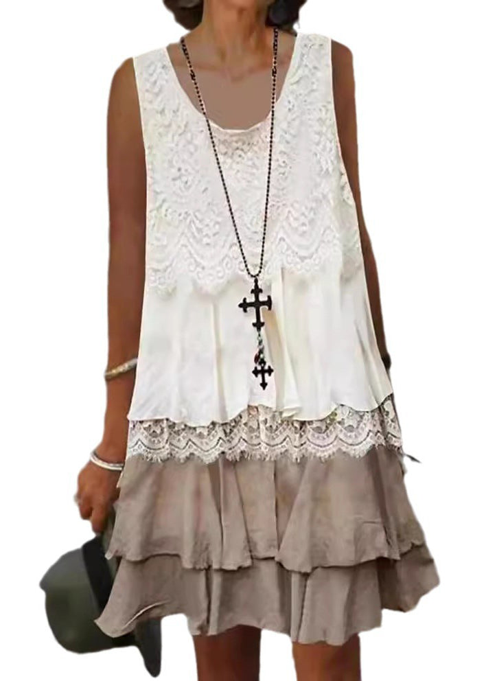 Casual O Neck Lace Patchwork Cotton Mid Dresses Sleeveless