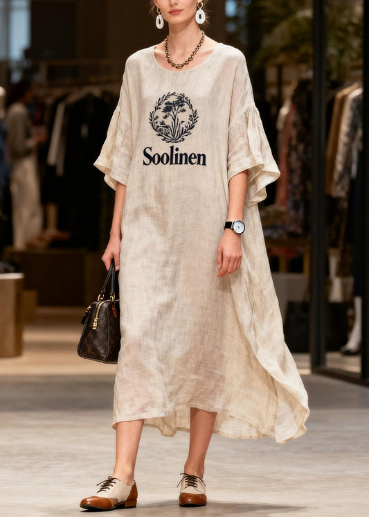 Casual O Neck Print Patchwork Linen Long Dress Summer