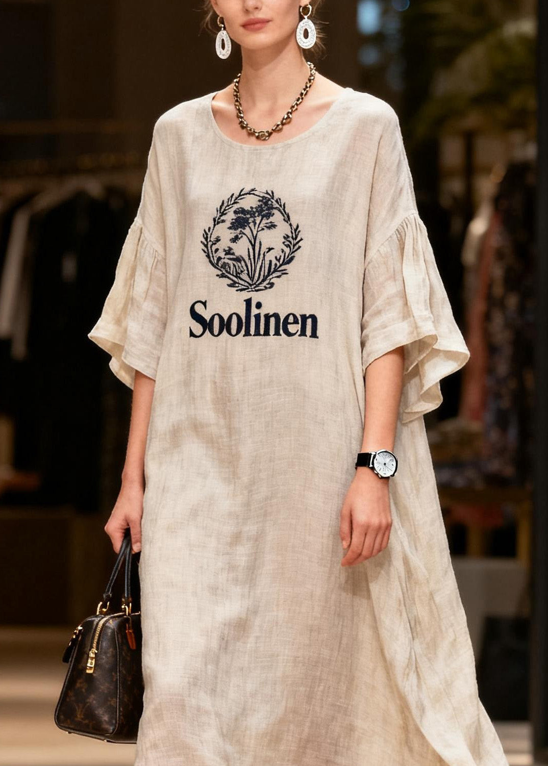 Casual O Neck Print Patchwork Linen Long Dress Summer
