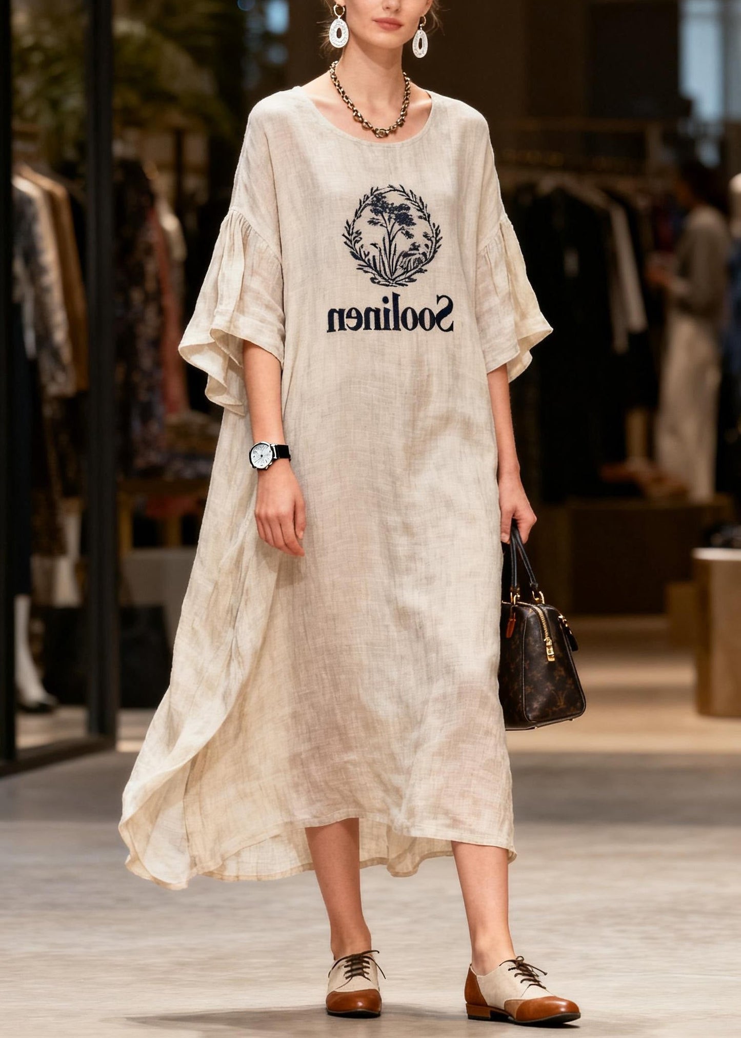 Casual O Neck Print Patchwork Linen Long Dress Summer